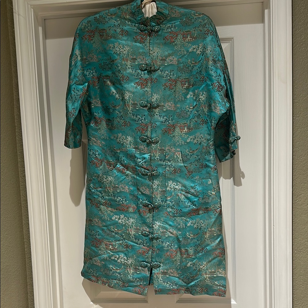 Custom city of Shanghai Elegant Teal Brocade Coat/ kimono SF, Cali